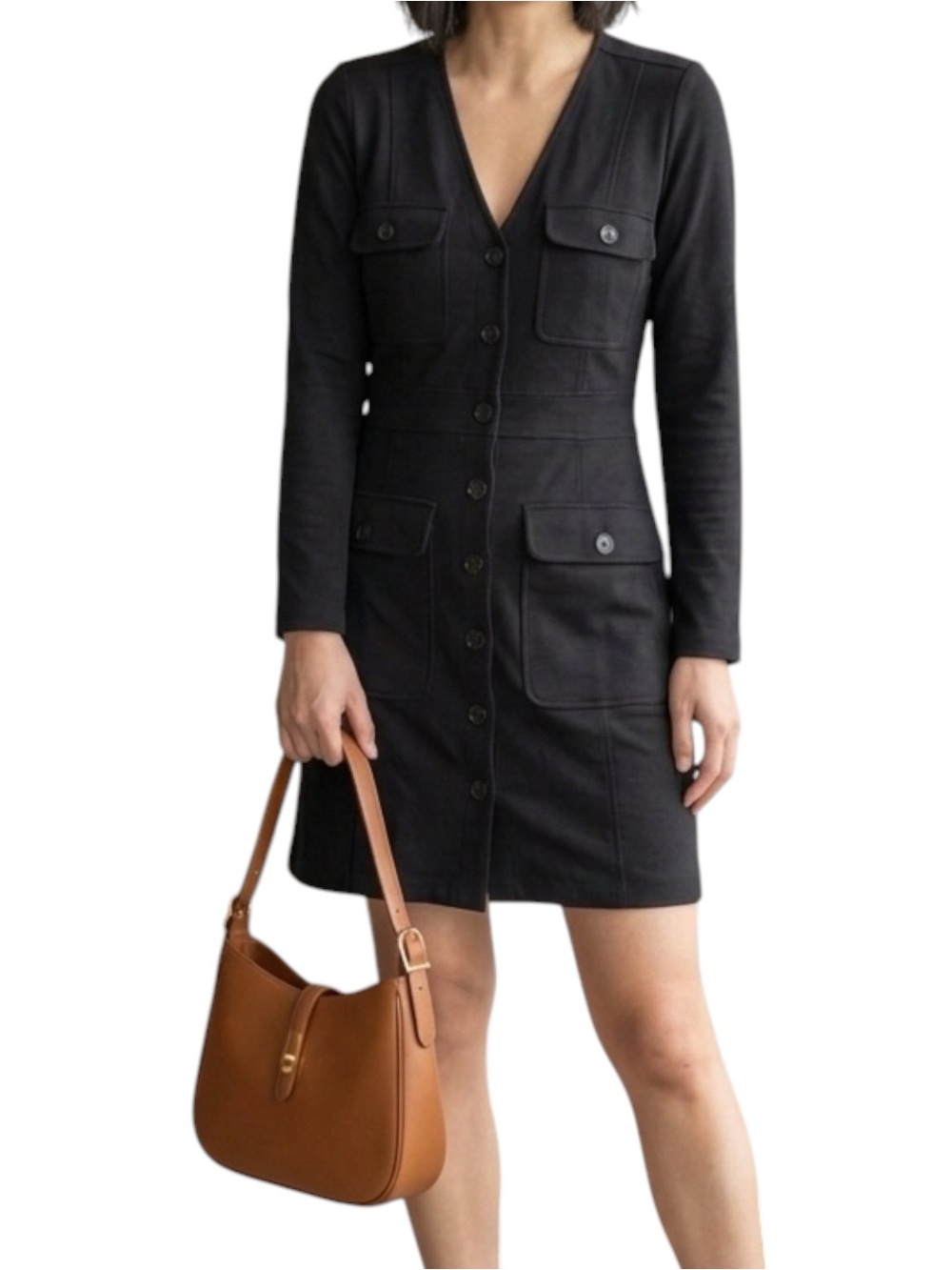 Halogen Black V-Neck Long Sleeve Utility Pocket Shirt Dress Size Large